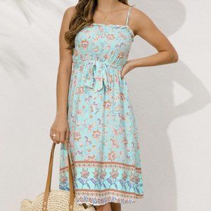 Mint Blue Bohemian Belted Frill Trim Spaghetti Strap Dress